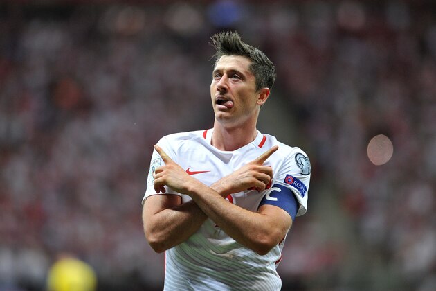 Robert Lewandowski celebrates goal during World Cup 2018 qualifier between Poland and Romania on June 10, 2017 in Warsaw, Poland.'n(Credit Rafal Rusek/PressFocus)