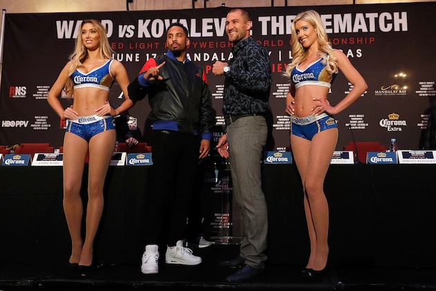 LOS ANGELES, CA - APRIL 12:  Andre Ward and Sergey Kovalev faceoff at the end of the press conference at the Roosevelt Ballroom on April 12, 2017 in Los Angeles, California.  Sergey Kovalev will challenge Andre Ward for the Unified Light Heavyweight World Championship Saturday, June 17, 2017 at the Mandalay Bay Resort in Las Vegas.  (Photo by Josh Lefkowitz/Getty Images)