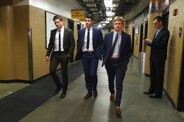 NASHVILLE, TN - JUNE 05:  (L-R) 2017 NHL draft prospects Nolan Patrick, Gabriel Vilardi and Casey Mittelstadt walk during media availability prior to Game Four of the 2017 NHL Stanley Cup Final at the Bridgestone Arena on June 5, 2017 in Nashville, Tennessee.  (Photo by Bruce Bennett/Getty Images)