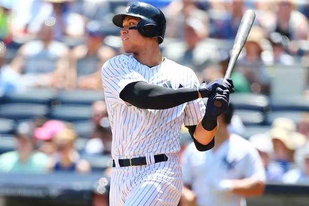 NEW YORK, NY - JUNE 11:  Aaron Judge #99 of the New York Yankees singles to right field in the first inning against the Baltimore Orioles at Yankee Stadium on June 11, 2017 in the Bronx borough of New York City.  (Photo by Mike Stobe/Getty Images)