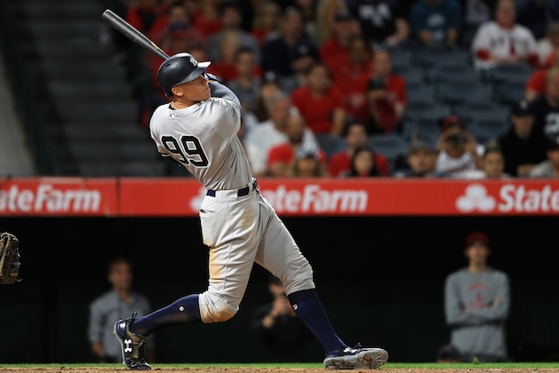 ANAHEIM, CA - JUNE 12:  Aaron Judge #99 of the New York Yankees hits  a two-run homerun during the eighth  inning of a game against the Los Angeles Angels of Anaheim at Angel Stadium of Anaheim on June 12, 2017 in Anaheim, California.  (Photo by Sean M. Haffey/Getty Images)