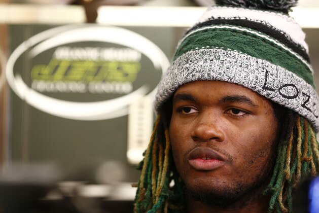 New York Jets linebacker Lorenzo Mauldin talks to the media as the team clears out their lockers at the team's NFL football training facility, Monday, Jan.4, 2016, in Florham Park, N.J. (AP Photo/Rich Schultz)