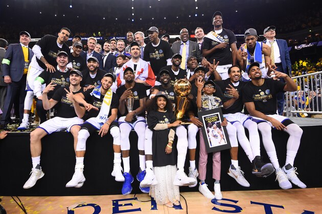 OAKLAND, CA - JUNE 12: The Golden State Warriors  are pictured after winning the NBA Championship in Game Five against the Cleveland Cavaliers of the 2017 NBA Finals on June 12, 2017 at Oracle Arena in Oakland, California. NOTE TO USER: User expressly acknowledges and agrees that, by downloading and or using this photograph, user is consenting to the terms and conditions of Getty Images License Agreement. Mandatory Copyright Notice: Copyright 2017 NBAE (Photo by: Noah Graham/NBAE via Getty Images)