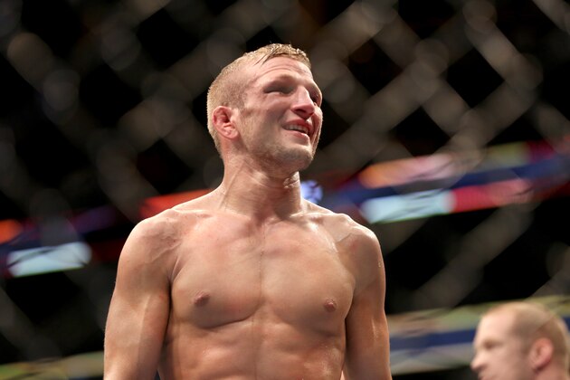 TJ Dillashaw is seen after his fight against Dominick Cruz in their mixed martial arts title bout at UFC Fight Night 81, Sunday, Jan. 17, 2016, in Boston.  Cruz won via split decision and is the new UFC Bantamweight Champion.  (AP Photo/Gregory Payan)