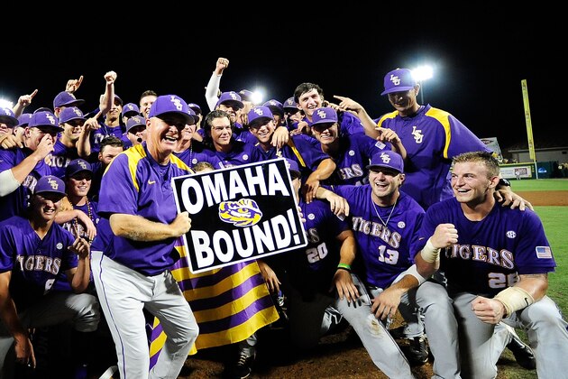 BATON ROUGE, LA - JUNE 08:  Members of the LSU Tigers celebrate a victory over the Oklahoma Sooners following game 2 of the NCAA baseball Super Regionals at Alex Box Stadium on June 8, 2013 in Baton Rouge, Louisiana.  (Photo by Stacy Revere/Getty Images)