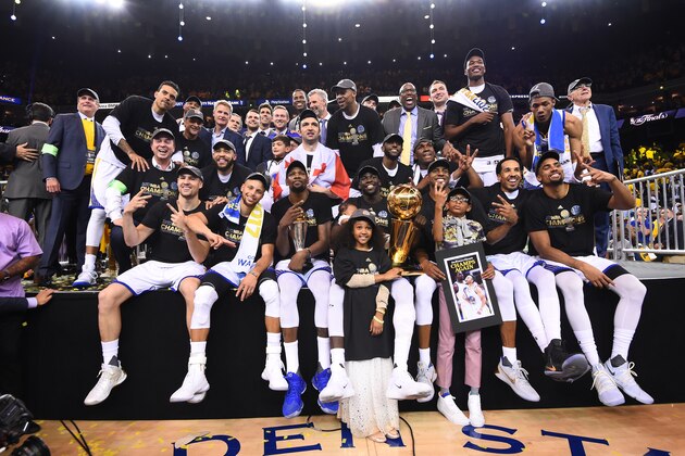 OAKLAND, CA - JUNE 12: The Golden State Warriors  are pictured after winning the NBA Championship in Game Five against the Cleveland Cavaliers of the 2017 NBA Finals on June 12, 2017 at Oracle Arena in Oakland, California. NOTE TO USER: User expressly acknowledges and agrees that, by downloading and or using this photograph, user is consenting to the terms and conditions of Getty Images License Agreement. Mandatory Copyright Notice: Copyright 2017 NBAE (Photo by: Noah Graham/NBAE via Getty Images)