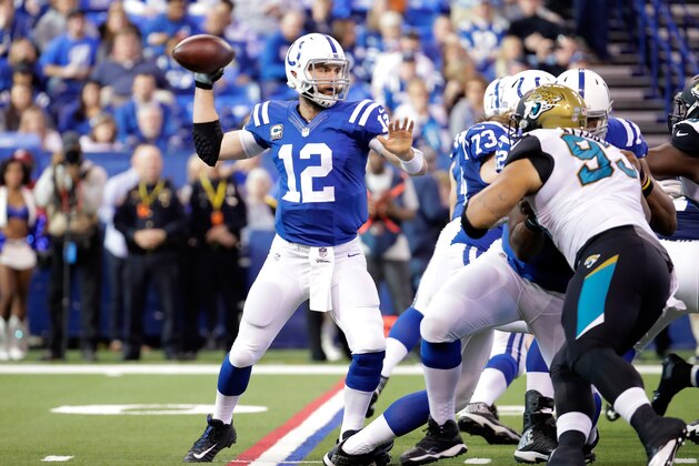 INDIANAPOLIS, IN - JANUARY 01: Andrew Luck #12  of the Indianapolis Colts throws a pass durling the game against the Jacksonville Jaguars at Lucas Oil Stadium on January 1, 2017 in Indianapolis, Indiana.  (Photo by Andy Lyons/Getty Images)