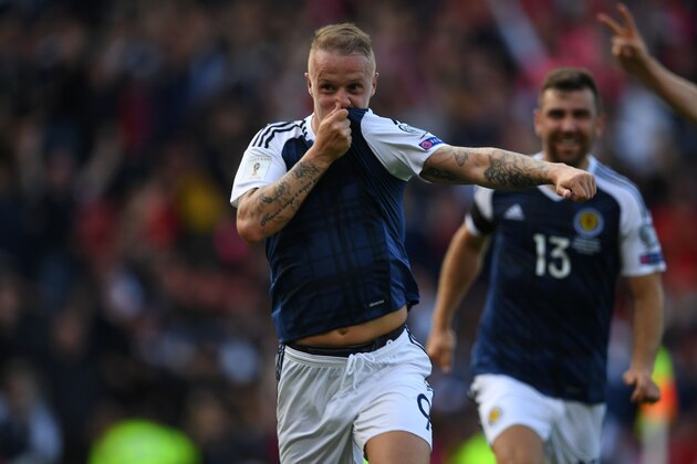 Scotland's striker Leigh Griffiths celebrates after scoring their second goal during the group F World Cup qualifying football match between Scotland and England at Hampden Park in Glasgow on June 10, 2017.
The game ended 2-2. / AFP PHOTO / Paul ELLIS / NOT FOR MARKETING OR ADVERTISING USE / RESTRICTED TO EDITORIAL USE         (Photo credit should read PAUL ELLIS/AFP/Getty Images)