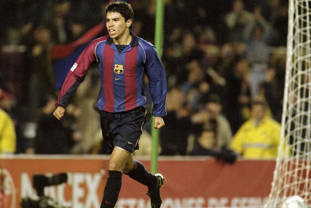 11 Nov 2000: Saviola of Barcelona celebrates the first goal of the Spanish Primera Leage match played between Barcelona and Real Valladolid in Barcelona Spain. DIGITAL IMAGE Mandatory Credit: Firo Foto/ALLSPORT