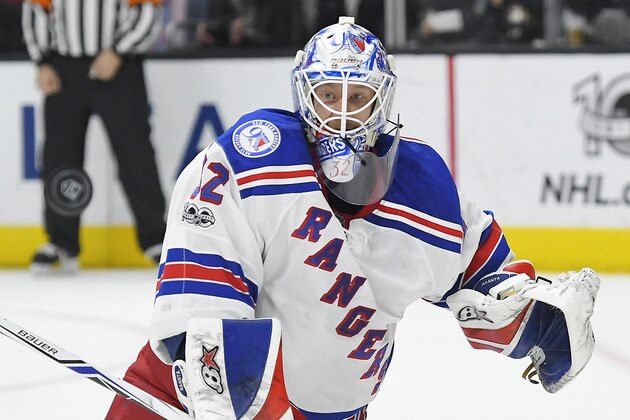 New York Rangers goalie Antti Raanta, of Finland, deflects a shot during the second period of the team's NHL hockey game against the Los Angeles Kings, Saturday, March 25, 2017, in Los Angeles. (AP Photo/Mark J. Terrill)