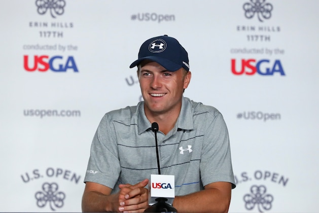 HARTFORD, WI - JUNE 13:  Jordan Spieth of the United States speaks during a press conference during a practice round prior to the 2017 U.S. Open at Erin Hills on June 13, 2017 in Hartford, Wisconsin.  (Photo by Streeter Lecka/Getty Images)