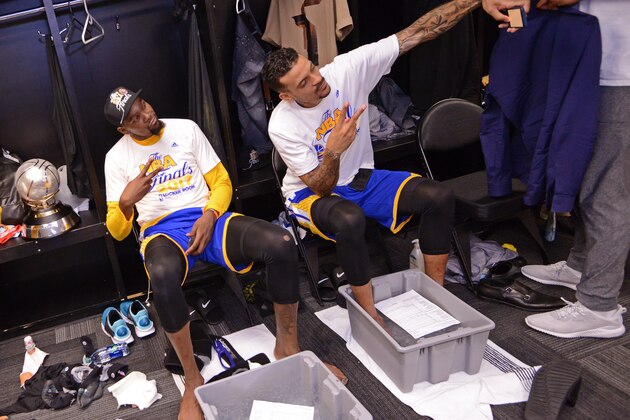 SAN ANTONIO, TX - MAY 22:  Draymond Green #23, Kevin Durant #35 and Matt Barnes #22 of the Golden State Warriors celebrate after winning Game Four of the Western Conference Finals during the 2017 NBA Playoffs on May 22, 2017 AT&T Center in San Antonio, Texas. NOTE TO USER: User expressly acknowledges and agrees that, by downloading and or using this photograph, user is consenting to the terms and conditions of the Getty Images License Agreement. Mandatory Copyright Notice: Copyright 2017 NBAE (Photos by Noah Graham /NBAE via Getty Images)