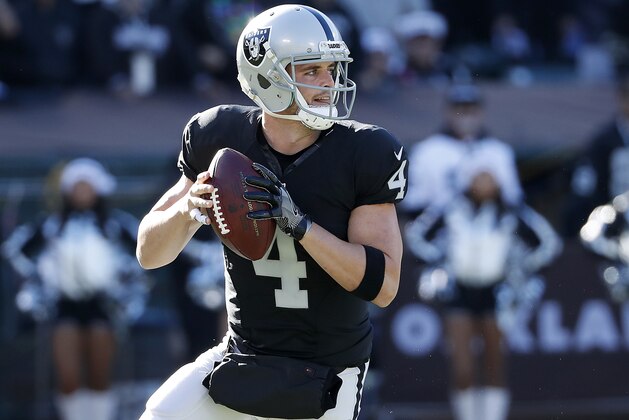 Oakland Raiders quarterback Derek Carr (4) drops back to pass against the Indianapolis Colts during the first half of an NFL football game in Oakland, Calif., Saturday, Dec. 24, 2016. (AP Photo/Tony Avelar)