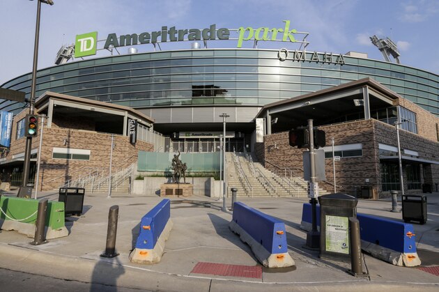 The entrance to TD Ameritrade Park, home of the NCAA men's baseball College World Series, is protected with barriers for the safety of pedestrians, in Omaha, Neb., Monday, June 12, 2017. (AP Photo/Nati Harnik)