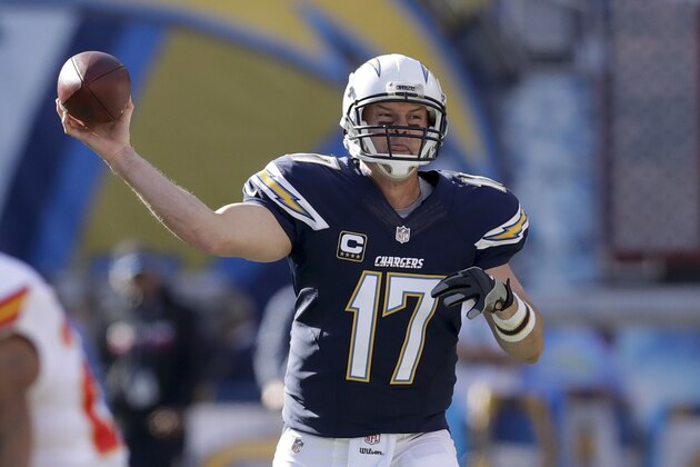 San Diego Chargers quarterback Philip Rivers throws a pass during the first half of an NFL football game against the Kansas City Chiefs Sunday, Jan. 1, 2017, in San Diego. (AP Photo/Rick Scuteri)