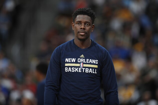New Orleans Pelicans guard Jrue Holiday (11) in the second half of an NBA basketball game Sunday, March 26, 2017, in Denver. The Pelicans won 115-90. (AP Photo/David Zalubowski))