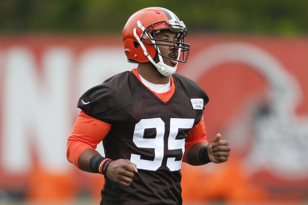 Cleveland Browns' Myles Garrett runs through drills during an NFL football rookie minicamp, Friday, May 12, 2017, in Berea, Ohio. (AP Photo/Ron Schwane)