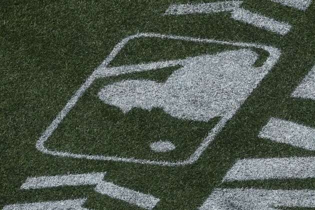 TORONTO, ON - JUNE 3: The MLB logo decal appears on the turf field as the league promotes its Play Ball campaign during the Toronto Blue Jays MLB game against the New York Yankees at Rogers Centre on June 3, 2017 in Toronto, Canada. (Photo by Tom Szczerbowski/Getty Images) *** Local Caption ***