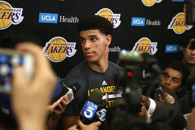 EL SEGUNDO, CA - JUNE 07:  NBA Prospect Lonzo Ball speaks with the media after a workout with the Los Angeles Lakers at Toyota Sports Center on June 7, 2017 in El Segundo, California.  NOTE TO USER: User expressly acknowledges and agrees that, by downloading and or using this photograph, User is consenting to the terms and conditions of the Getty Images License Agreement.  (Photo by Sean M. Haffey/Getty Images)