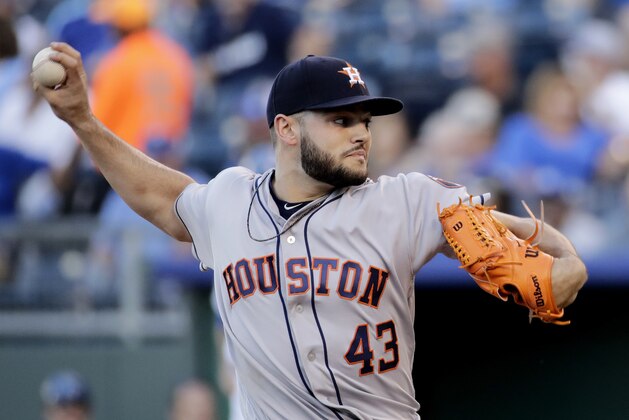 Houston Astros starting pitcher Lance McCullers Jr. throws during the first inning of the team's baseball game against the Kansas City Royals on Thursday, June 8, 2017, in Kansas City, Mo. (AP Photo/Charlie Riedel)