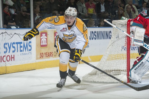 KELOWNA, CANADA - OCTOBER 25: Nolan Patrick #19 of Brandon Wheat Kings skates against the Kelowna Rockets on October 25, 2014 at Prospera Place in Kelowna, British Columbia, Canada.  (Photo by Marissa Baecker/Getty Images)