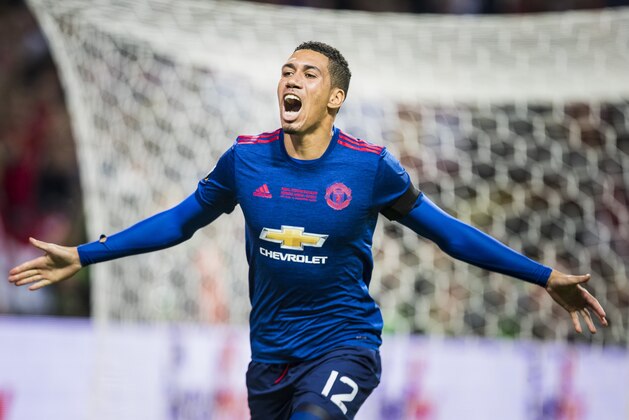 STOCKHOLM, SWEDEN - MAY 24: Chris Smalling celebrates during the UEFA Europa League final between Ajax and Manchester United at Friends Arena on May 24, 2017 in Stockholm, Sweden. (Photo by MICHAEL CAMPANELLA/Getty Images)
