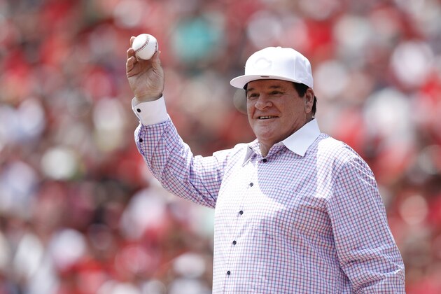 CINCINNATI, OH - JUNE 26: Cincinnati Reds great Pete Rose looks on after catching a ceremonial first pitch from his son Pete Jr. following a ceremony to retire Rose's No. 14 prior to the game against the San Diego Padres at Great American Ball Park on June 26, 2016 in Cincinnati, Ohio. (Photo by Joe Robbins/Getty Images)