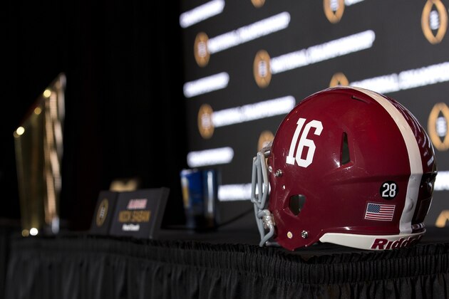TAMPA, FL - JANUARY 8: A general view of the Alabama Crimson Tide Helmet during the Head Coaches News Confernce before the College Football Playoff National Championship Game at Tampa Convention Center on January 8, 2017 in Tampa, Florida. (Photo by Don Juan Moore/Getty Images)