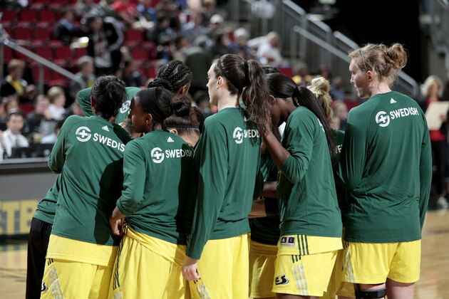 SEATTLE, WA - JUNE 13:  The Seattle Storm huddle up before the game against the Atlanta Dream on June 13, 2017 at Allstate Arena in Seattle, Washington.  NOTE TO USER: User expressly acknowledges and agrees that, by downloading and/or using this Photograph, user is consenting to the terms and conditions of the Getty Images License Agreement. Mandatory Copyright Notice: Copyright 2017 NBAE (Photo by Joshua Huston/NBAE via Getty Images)