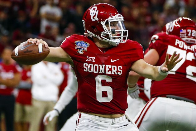 Oklahoma quarterback Baker Mayfield (6) throws a pass against Auburn during the second half of the Sugar Bowl NCAA college football game, Monday, Jan. 2, 2017, in New Orleans. (AP Photo/Butch Dill)