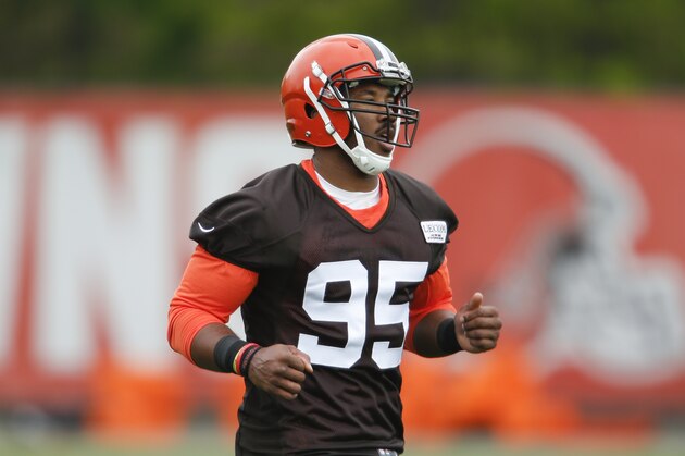 Cleveland Browns' Myles Garrett runs through drills during an NFL football rookie minicamp, Friday, May 12, 2017, in Berea, Ohio. (AP Photo/Ron Schwane)