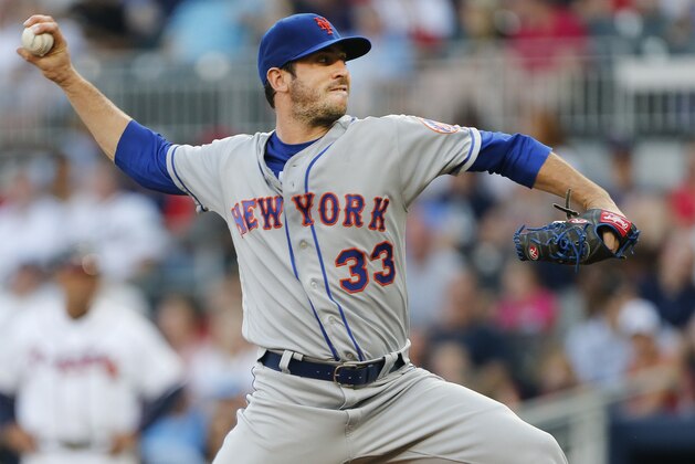 New York Mets starting pitcher Matt Harvey works during the first inning of the team's baseball game against the Atlanta Braves on Friday, June 9, 2017, in Atlanta. (AP Photo/John Bazemore)