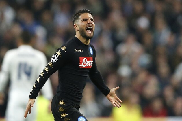 Napoli's Lorenzo Insigne celebrates after scoring the opening goal during the Champions League round of 16, first leg, soccer match between Real Madrid and Napoli at the Santiago Bernabeu stadium in Madrid, Wednesday Feb. 15, 2017. (AP Photo/Daniel Ochoa de Olza)