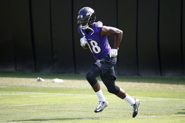 Baltimore Ravens wide receiver Jeremy Maclin runs a drill during NFL football minicamp at the team's practice facility in Owings Mills, Md., Thursday, June 15, 2017. (AP Photo/Patrick Semansky)