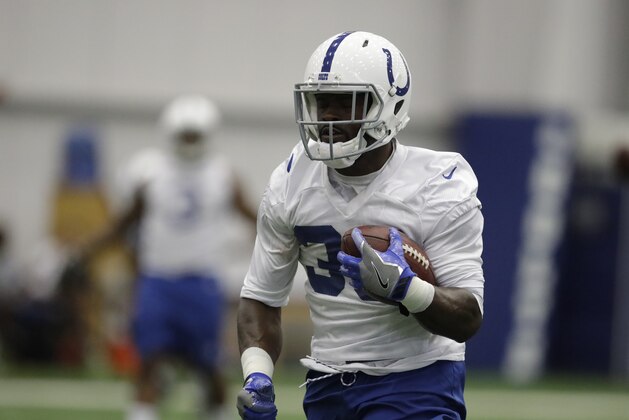 Indianapolis Colts' Christine Michael runs a drill during the NFL football team's minicamp Tuesday, June 13, 2017, in Indianapolis. (AP Photo/Darron Cummings)