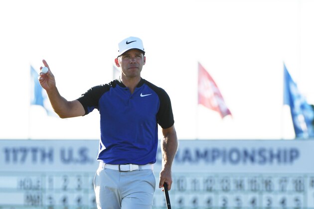 HARTFORD, WI - JUNE 15:  Paul Casey of England reacts after making a birdie on the 18th green during the first round of the 2017 U.S. Open at Erin Hills on June 15, 2017 in Hartford, Wisconsin.  (Photo by Ross Kinnaird/Getty Images)