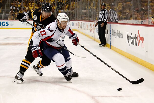 PITTSBURGH, PA - MAY 08:  Kevin Shattenkirk #22 of the Washington Capitals skates against Carl Hagelin #62 of the Pittsburgh Penguins in Game Six of the Eastern Conference Second Round during the 2017 NHL Stanley Cup Playoffs at PPG PAINTS Arena on May 8, 2017 in Pittsburgh, Pennsylvania.  (Photo by Gregory Shamus/Getty Images)