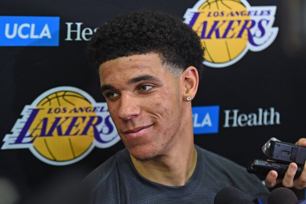 LOS ANGELES, CA - JUNE 07:  Lonzo Ball talks to the media after his work out for the Los Angeles Lakers at Toyota Sports Center in Los Angeles, California. NOTE TO USER: User expressly acknowledges and agrees that, by downloading and/or using this Photograph, user is consenting to the terms and conditions of the Getty Images License Agreement. Mandatory Copyright Notice: Copyright 2017 NBAE (Photo by Juan Ocampo/NBAE via Getty Images)