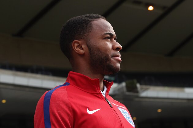 GLASGOW, SCOTLAND - JUNE 09:  Raheem Sterling of England walks on the pitch on the eve of their FIFA World Cup qualifier against Scotland at Hampden Park on June 9, 2017 in Glasgow, Scotland.  (Photo by Steve Welsh/Getty Images)