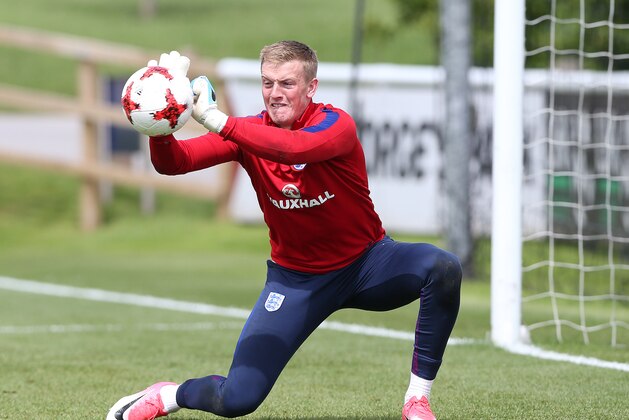 BURTON-UPON-TRENT, ENGLAND - JUNE 07:  Jordan Pickford of England during a training session at St Georges Park on June 7, 2017 in Burton-upon-Trent, England. (Photo by Nigel Roddis/Getty Images)
