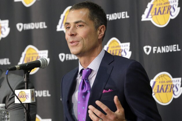 Rob Pelinka talks during a news conference introducing him as the new general manager for the Los Angeles Lakers, in El Segundo, Calif., Friday, March 10, 2017. Pelinka, Kobe Bryant's longtime agent, will work with Magic Johnson to rebuild the 16-time NBA champions from the worst four-year stretch in team history. (AP Photo/Nick Ut)