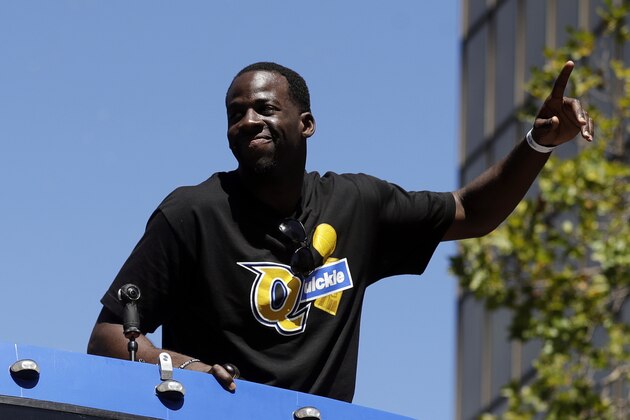 Golden State Warriors' Draymond Green during a parade and rally after winning the NBA basketball championship Thursday, June 15, 2017, in Oakland, Calif. (AP Photo/Marcio Jose Sanchez)