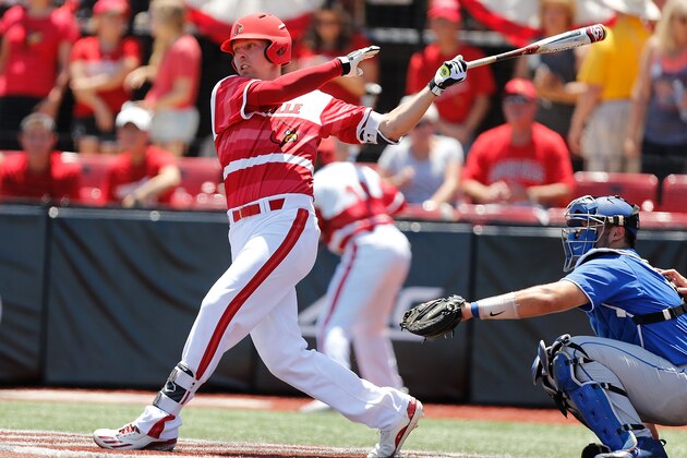 LOUISVILLE, KY - JUNE 09: Drew Ellis of the Louisville Cardinals bats against the Kentucky Wildcats during the 2017 NCAA Division I Men's Baseball Super Regional at Jim Patterson Stadium on June 9, 2017 in Louisville, Kentucky. (Photo by Michael Reaves/Getty Images)