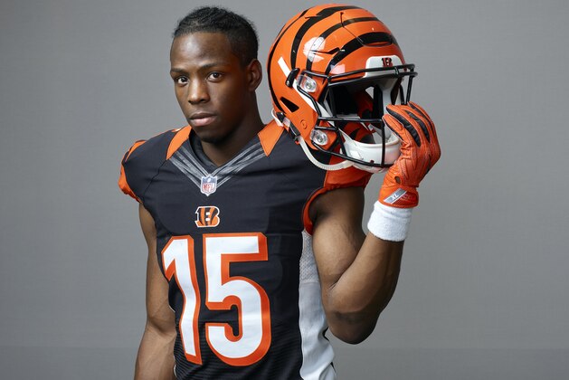 This is a photo of John Ross of the Cincinnati Bengals for the 2017 NFLPA Rookie Premiere portraits taken on Saturday, May 20, 2017, in Los Angeles. (Dominic DiSaia/AP Images for NFLPA)