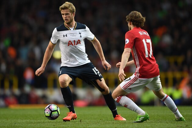 LONDON, ENGLAND - MAY 14:  Eric Dier of Tottenham Hotspur attempts to get past Daley Blind of Manchester United during the Premier League match between Tottenham Hotspur and Manchester United at White Hart Lane on May 14, 2017 in London, England. Tottenham Hotspur are playing their last ever home match at White Hart Lane after their 118 year stay at the stadium. Spurs will play at Wembley Stadium next season with a move to a newly built stadium for the 2018-19 campaign.  (Photo by Laurence Griffiths/Getty Images)