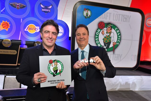 NEW YORK, NY - MAY 16:  Wyc Grousbeck and Stephen Pagliuca of the Boston Celtics pose for a photo after getting the #1 pick during the 2017 NBA Draft Lottery at the New York Hilton in New York, New York. NOTE TO USER: User expressly acknowledges and agrees that, by downloading and or using this Photograph, user is consenting to the terms and conditions of the Getty Images License Agreement.  Mandatory Copyright Notice: Copyright 2017 NBAE (Photo by Jesse D. Garrabrant/NBAE via Getty Images)