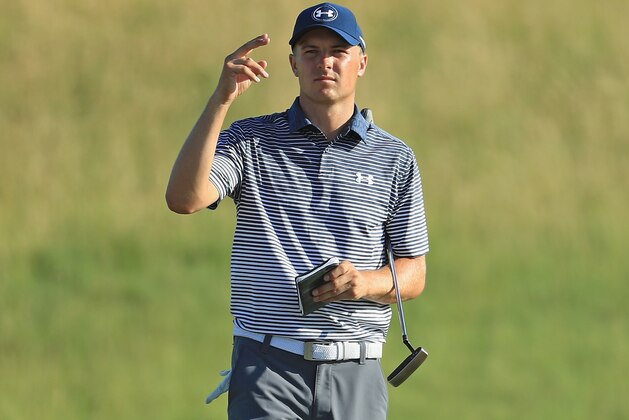 HARTFORD, WI - JUNE 16:  Jordan Spieth of the United States reacts on the 13th green during the second round of the 2017 U.S. Open at Erin Hills on June 16, 2017 in Hartford, Wisconsin.  (Photo by Richard Heathcote/Getty Images)
