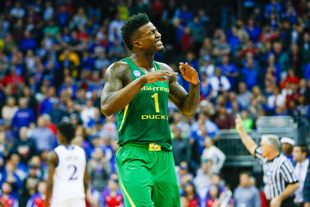 Mar 25, 2017; Kansas City, MO, USA; Oregon Ducks forward Jordan Bell (1) reacts during the second half of the game against the Kansas Jayhawks in the finals of the Midwest Regional of the 2017 NCAA Tournament at Sprint Center. Oregon defeated Kansas 74-60. Mandatory Credit: Jay Biggerstaff-USA TODAY Sports