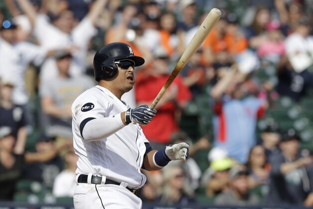 Detroit Tigers designated hitter Victor Martinez watches his ball head foul during the ninth inning of a baseball game against the Boston Red Sox, Sunday, April 9, 2017, in Detroit. (AP Photo/Carlos Osorio)