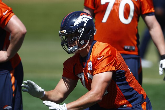 Denver Broncos rookie offensive tackle Garett Bolles during drills at the team's mandatory minicamp session Thursday, June 15, 2017, at the Broncos' headquarters in Englewood, Colo. (AP Photo/David Zalubowski)